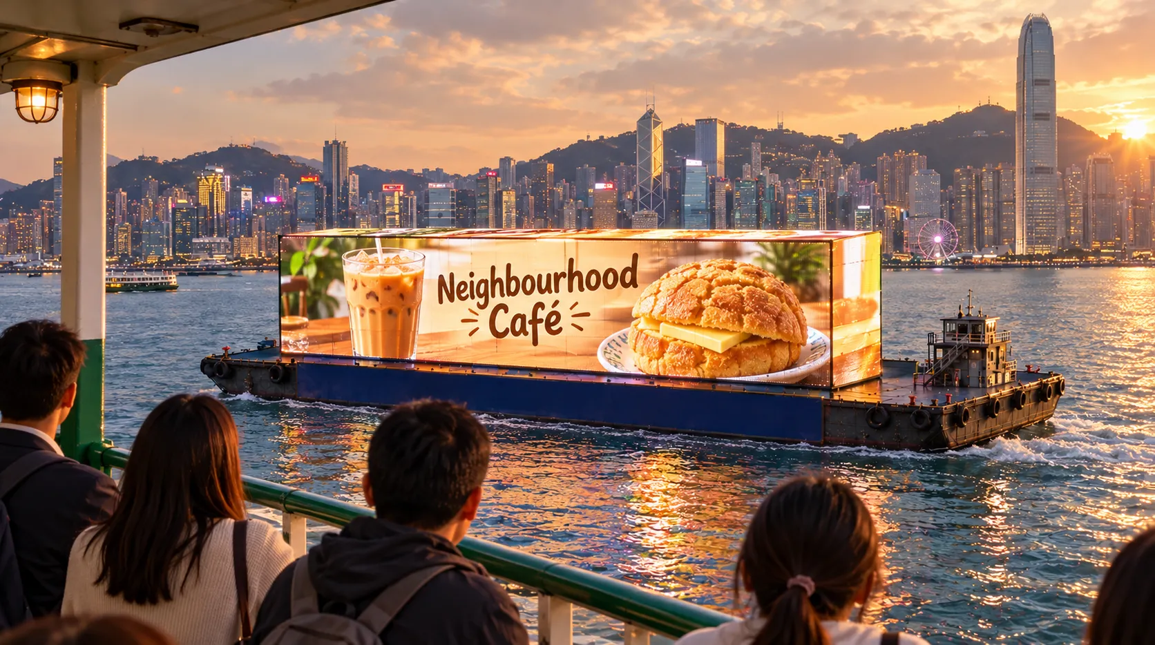 ferry passengers see a café advert on AdBarge at golden hour