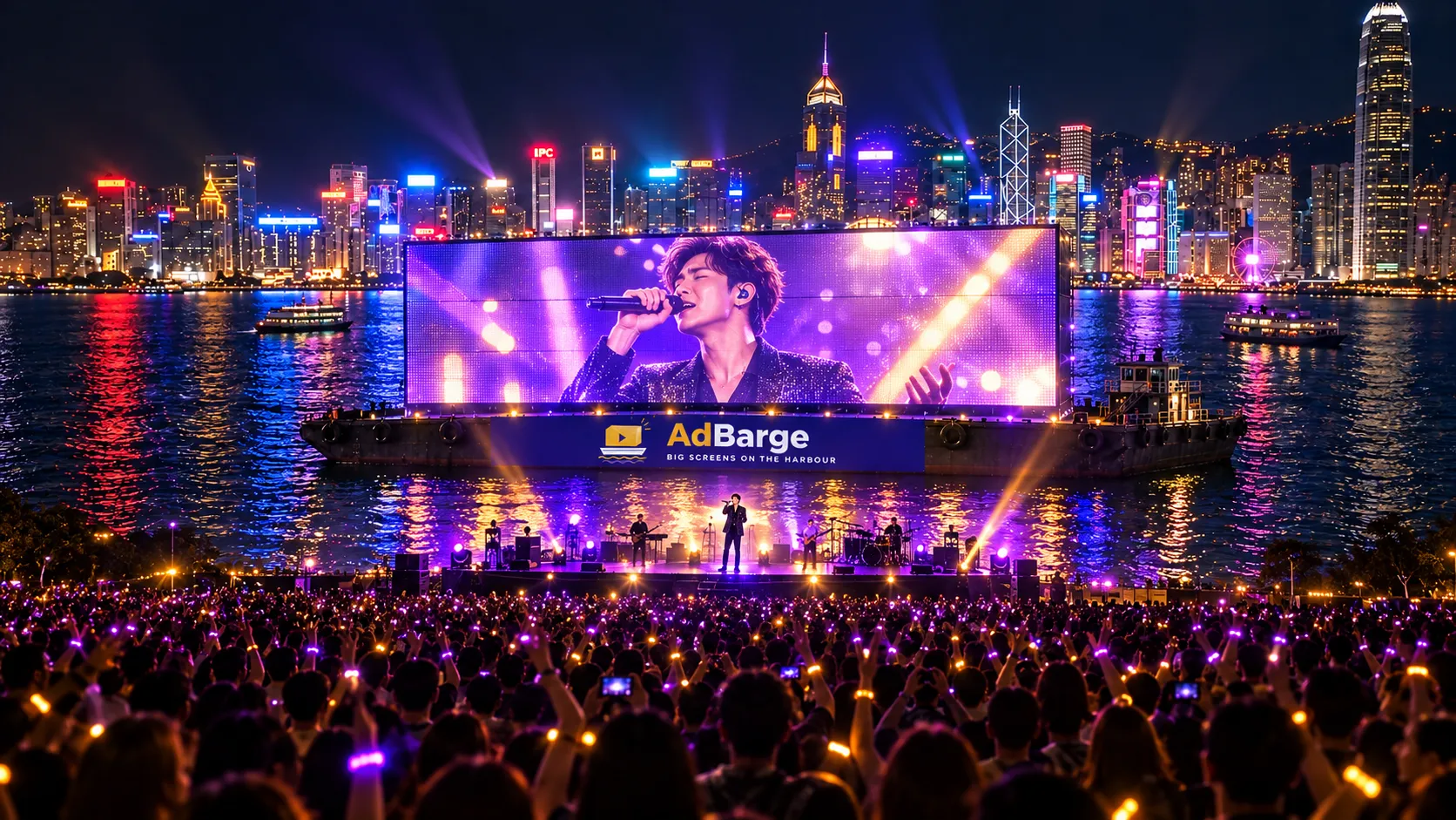 AdBarge as a stage backdrop for a waterfront concert