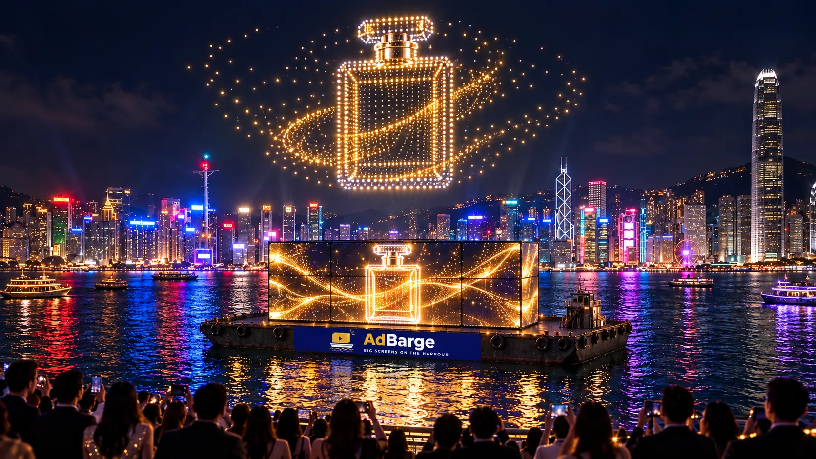 a drone show forms a perfume bottle above AdBarge for a product launch