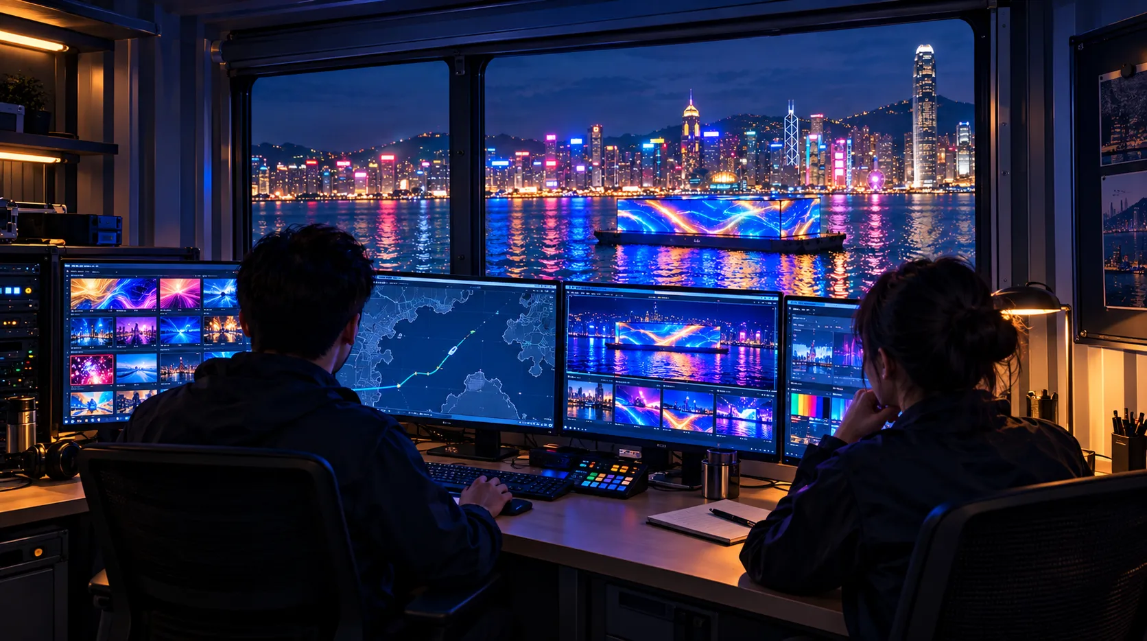 operators in a container control room monitoring AdBarge content and route